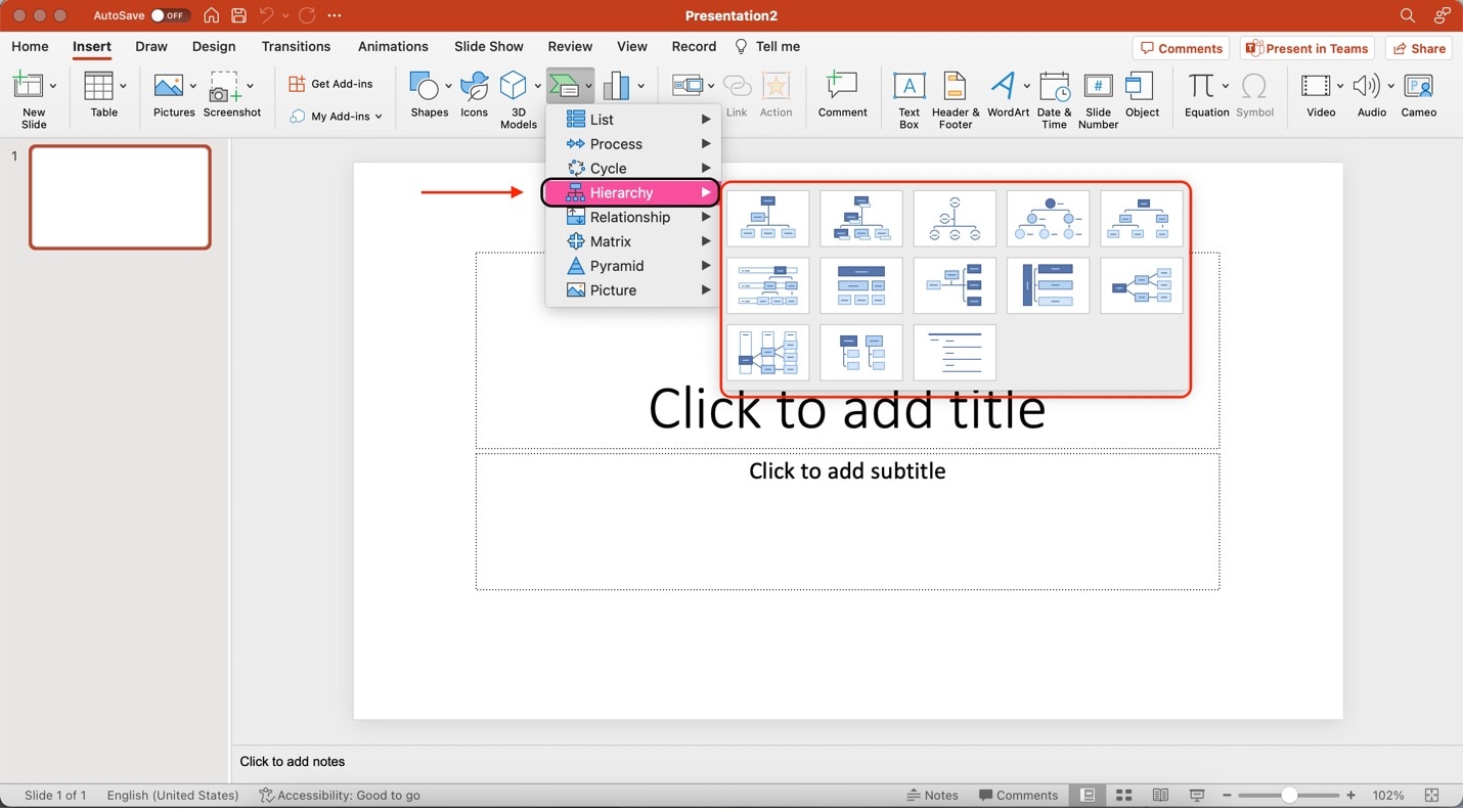 menu smartart de Microsoft PowerPoint