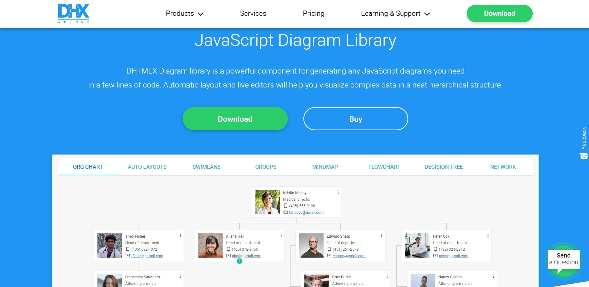 interfaz del sitio web DHTMLX JavaScript Org Chart