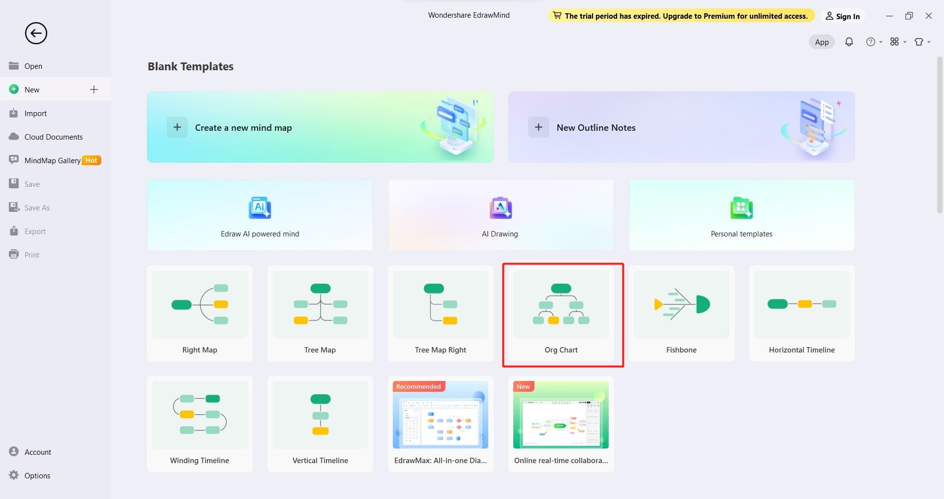 Interface de modèles vierges edrawmind