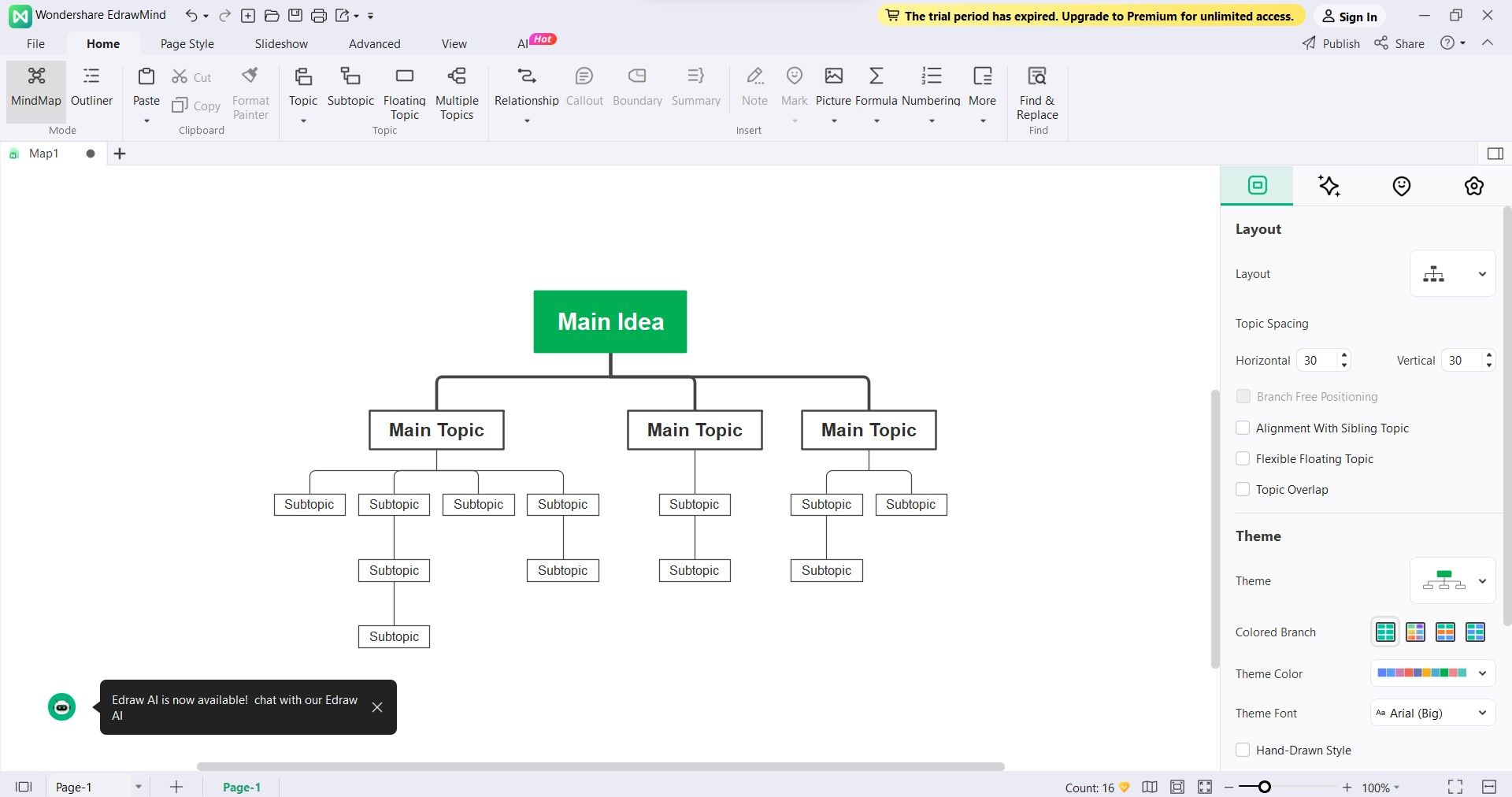 organigrama en EdrawMind en el lienzo