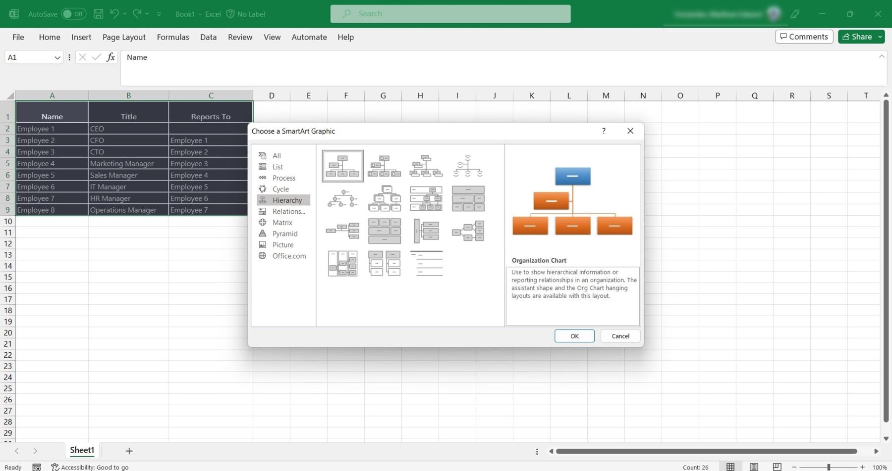 excel smartart grafik hierarchie diagramme