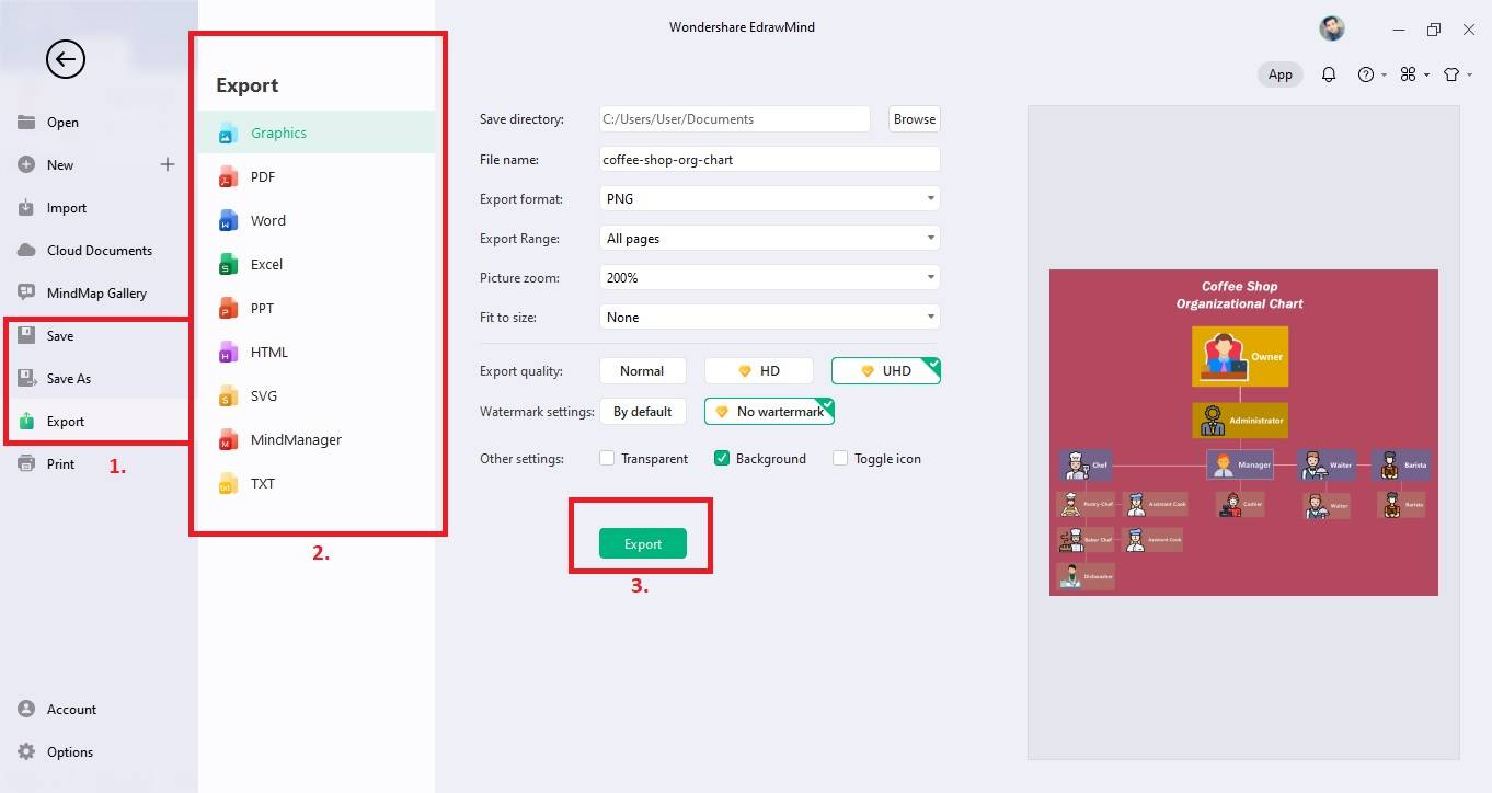 enregistrer et exporter un organigramme