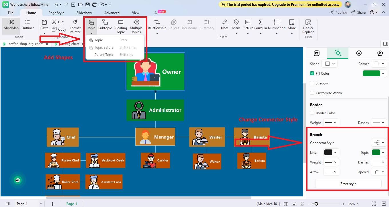 adding shapes and connectors org chart