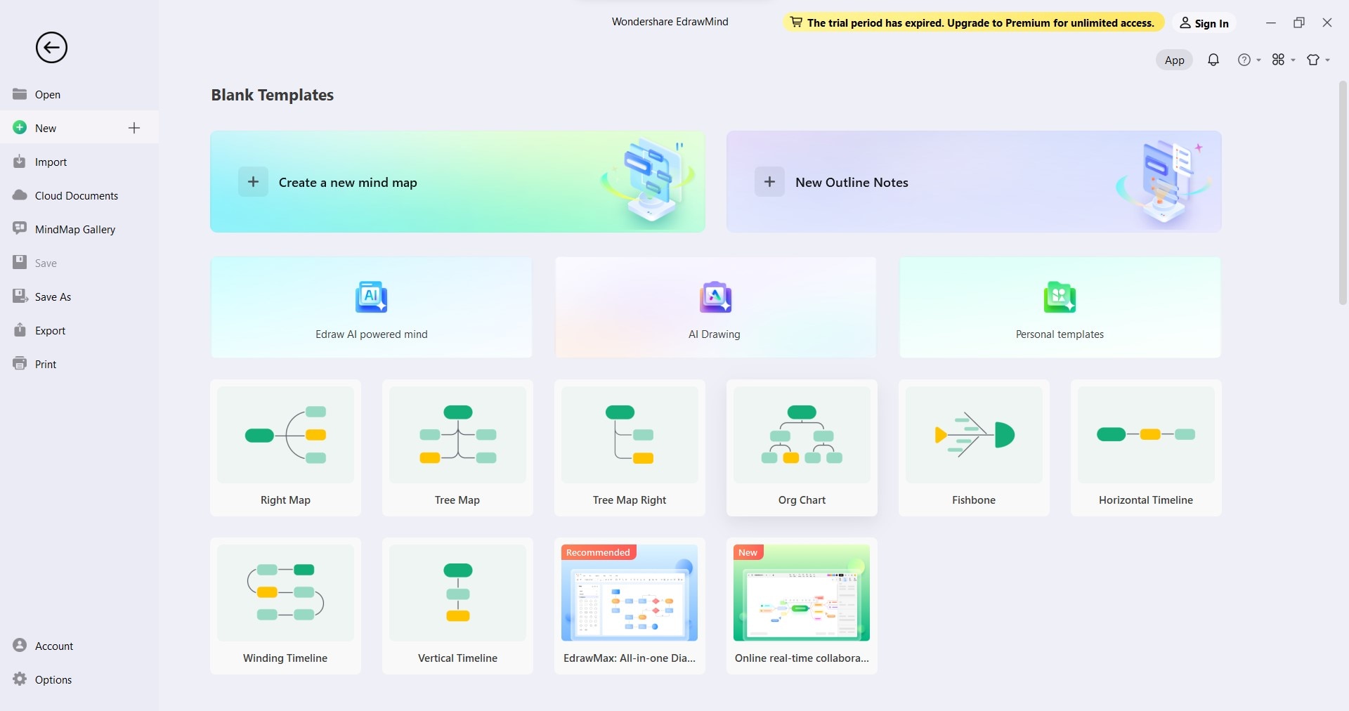 portada de EdrawMind para archivos nuevos