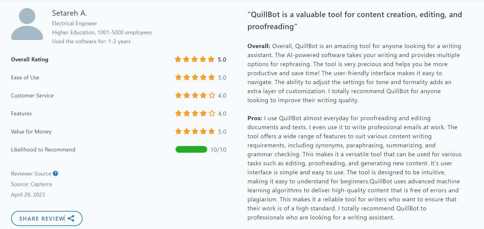 Quillbot Benutzer-Feedback von einem Ingenieur