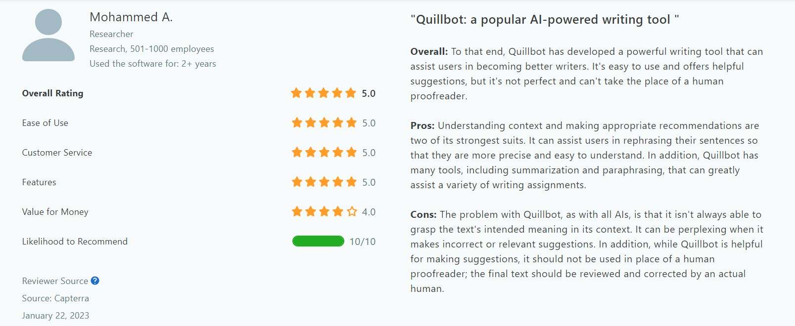 quillbot user feedback from a researcher