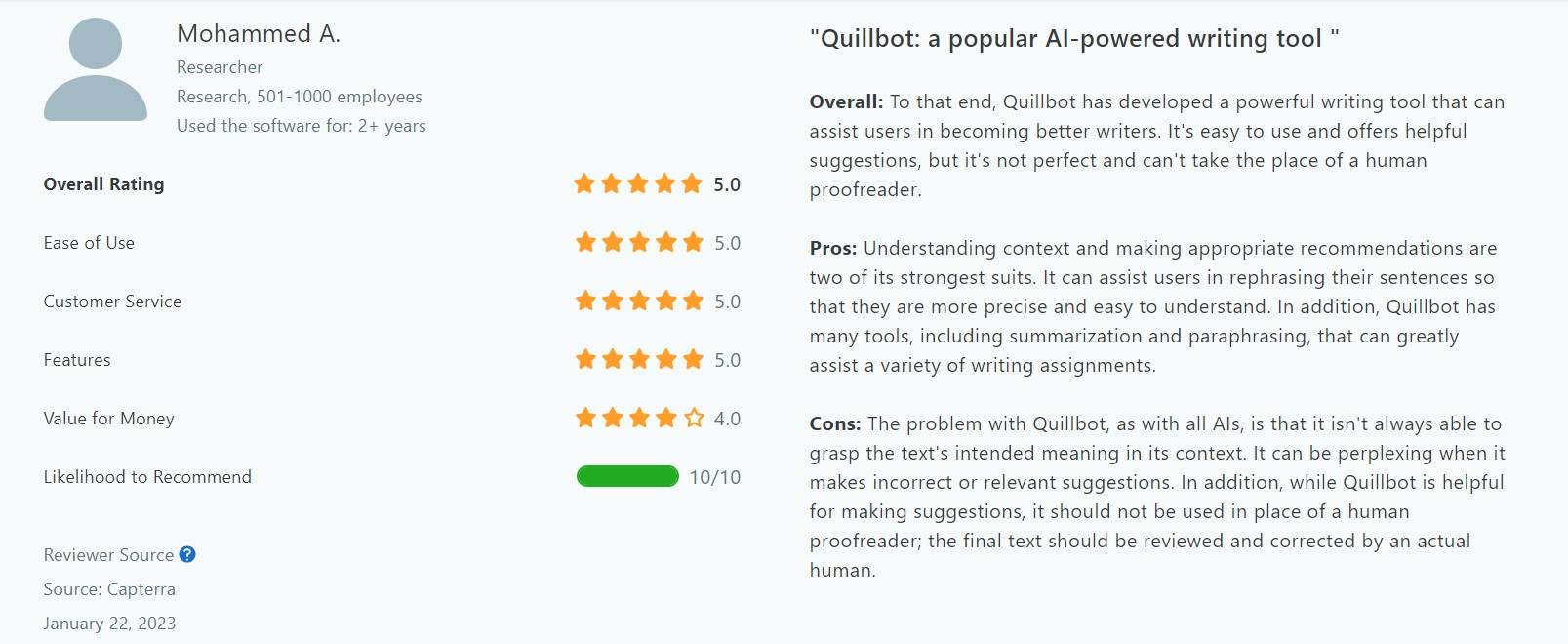 opinión de un investigador sobre Quillbot