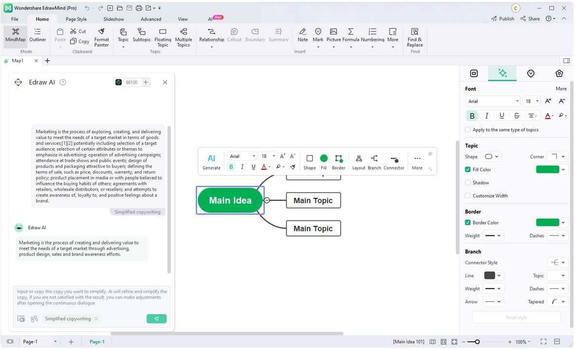 Edrawmind AI interfaz de redacción simplificada