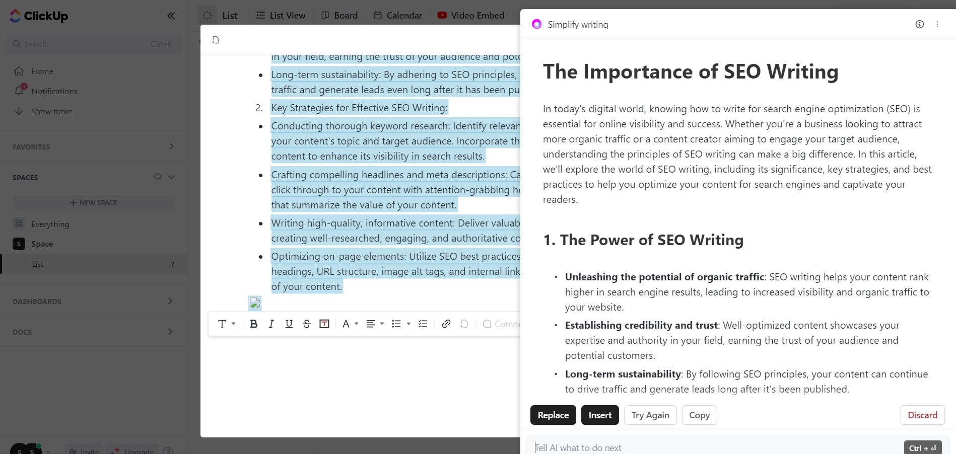 clickup semplifica l'interfaccia di scrittura