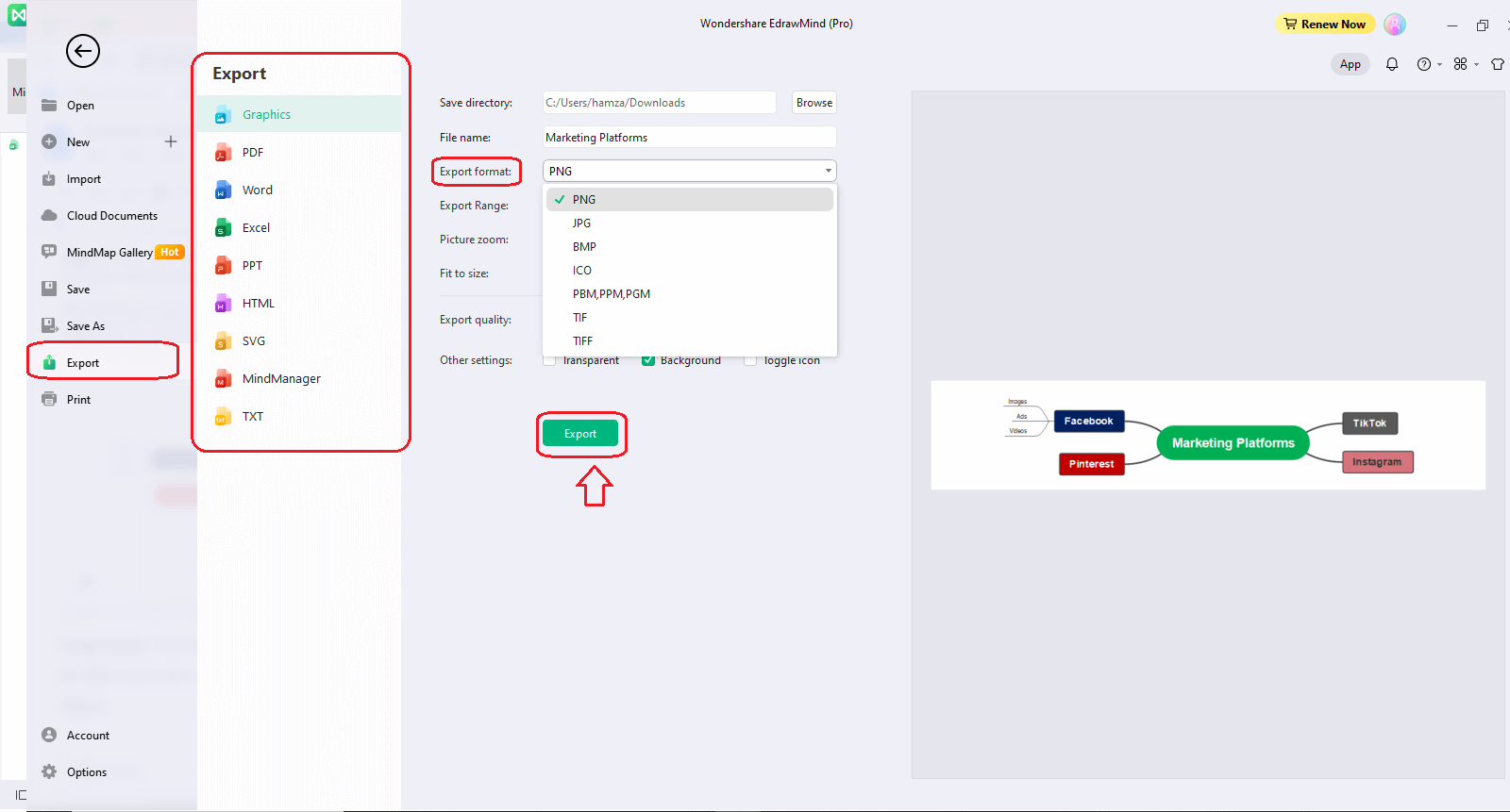 export a spider mind map