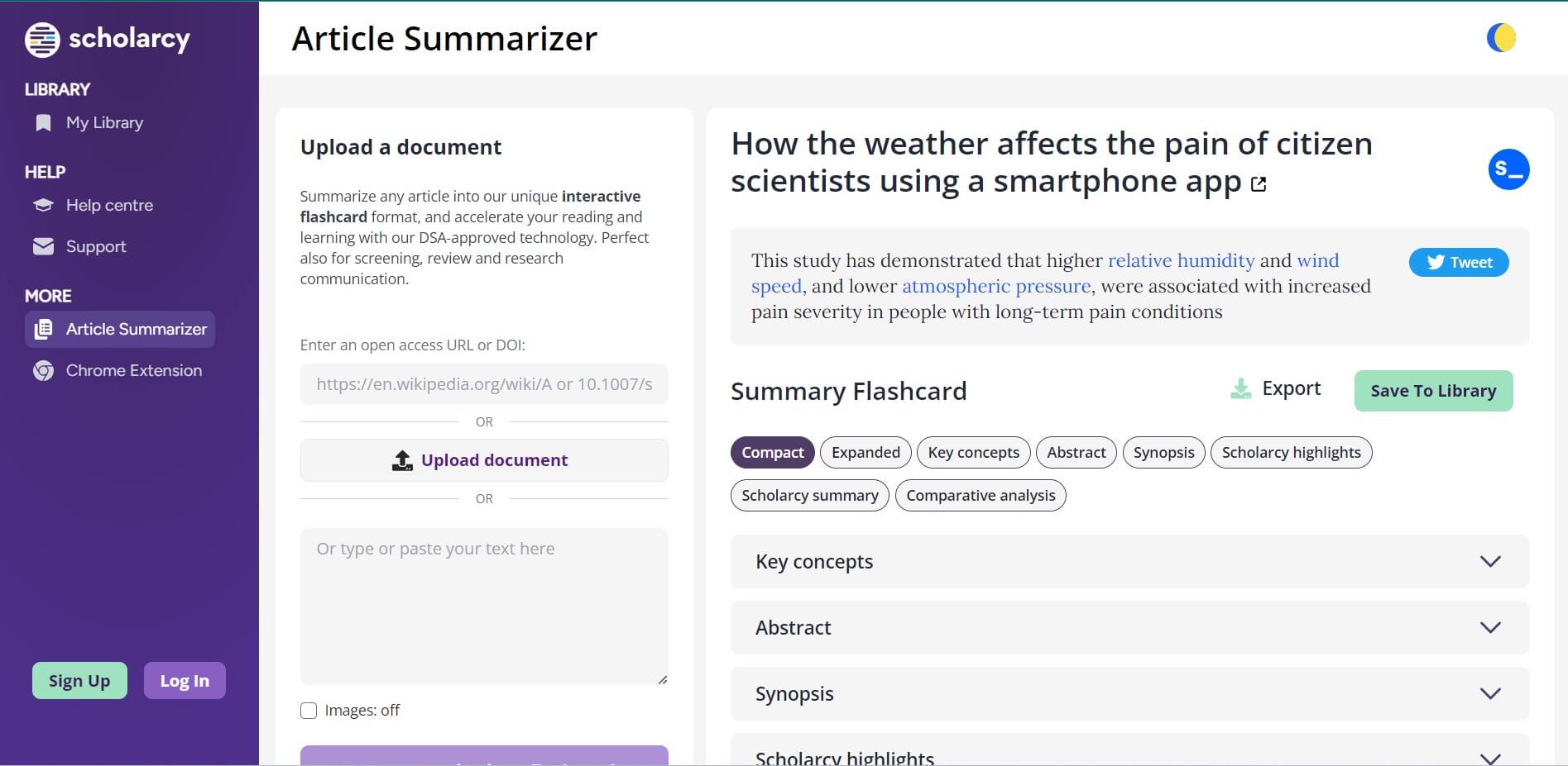 Article summarizer Scholarcy home page