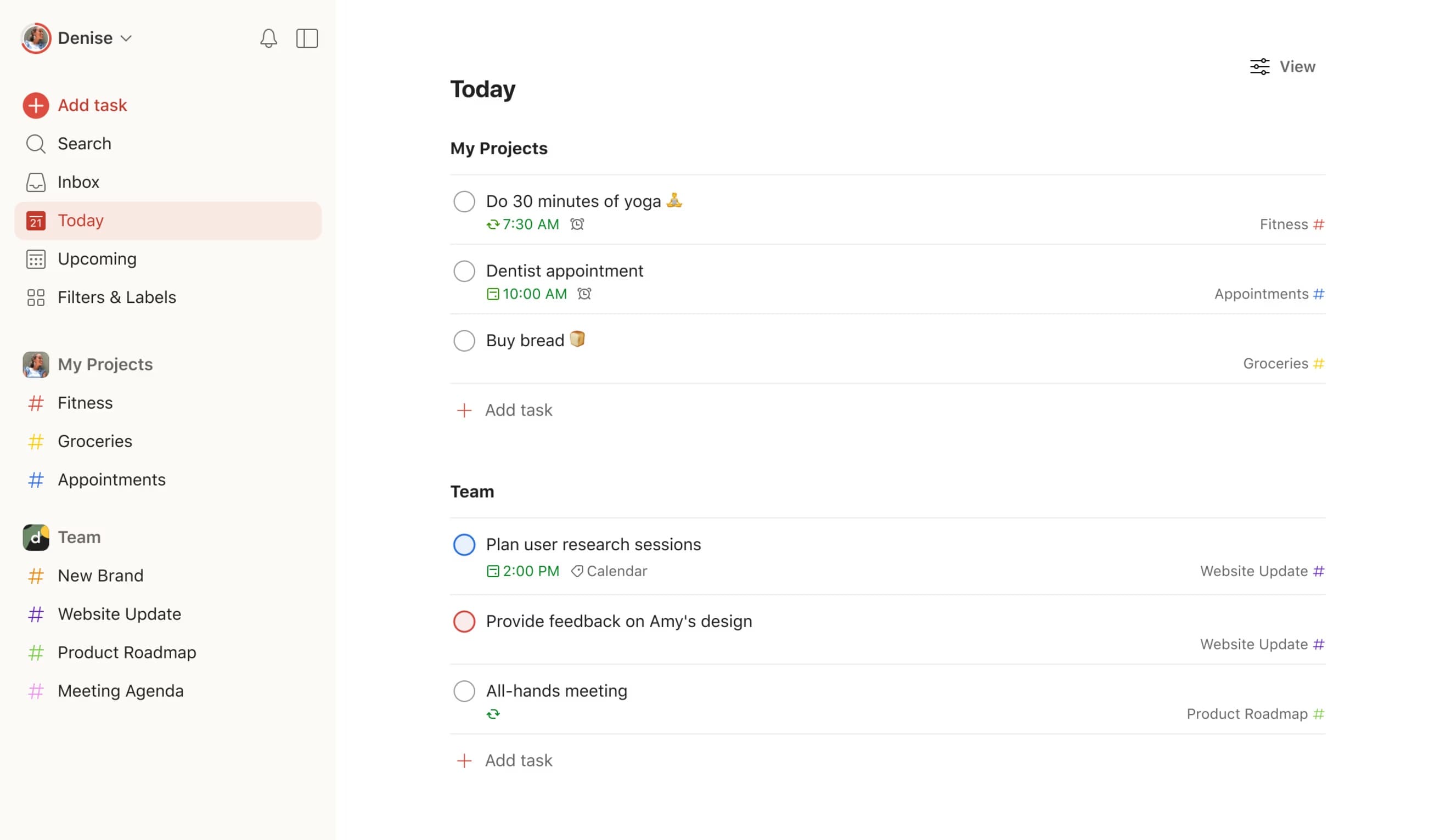 app interface for todoist