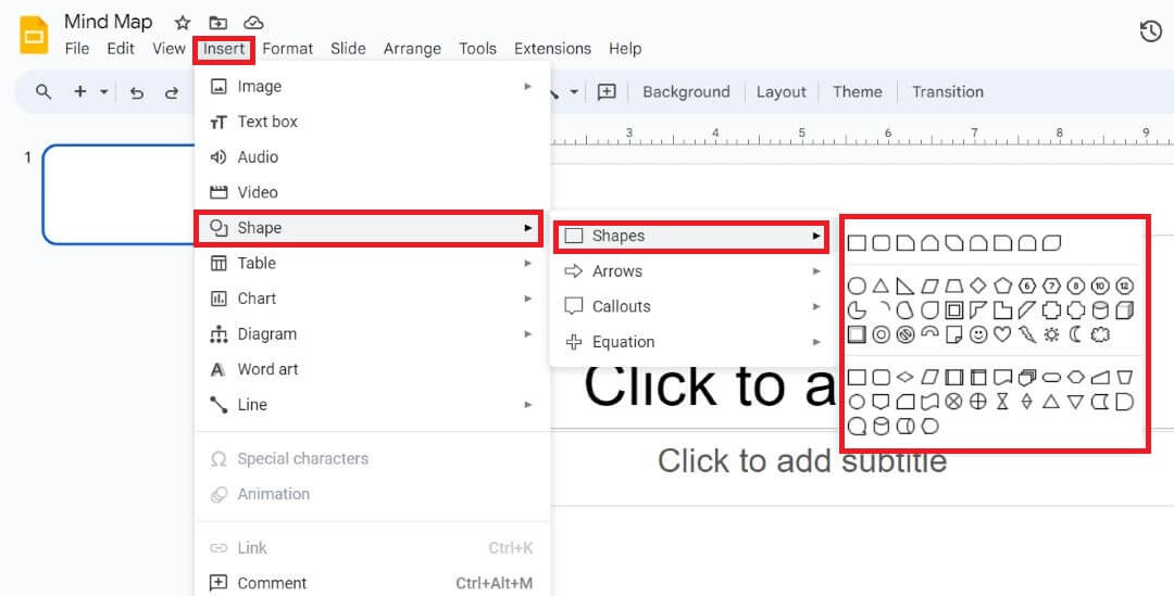 adding shapes in mind map template Google Slides free