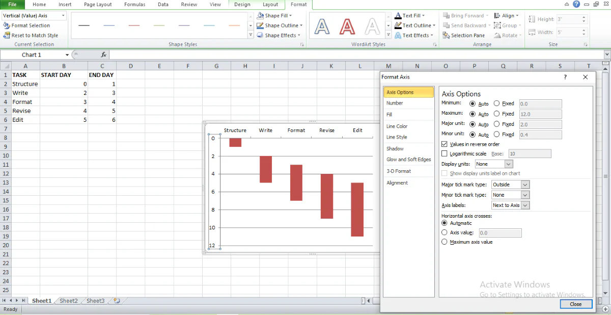 format axis position in excel