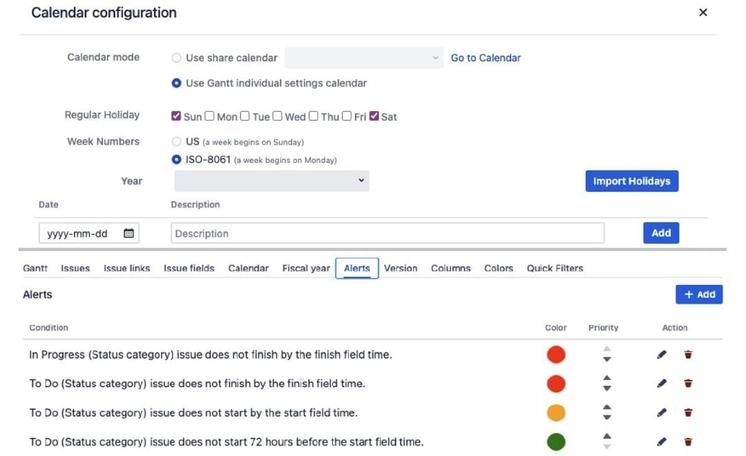 gantt chart settings window