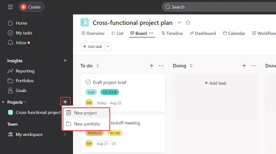 creating new projects on Asana