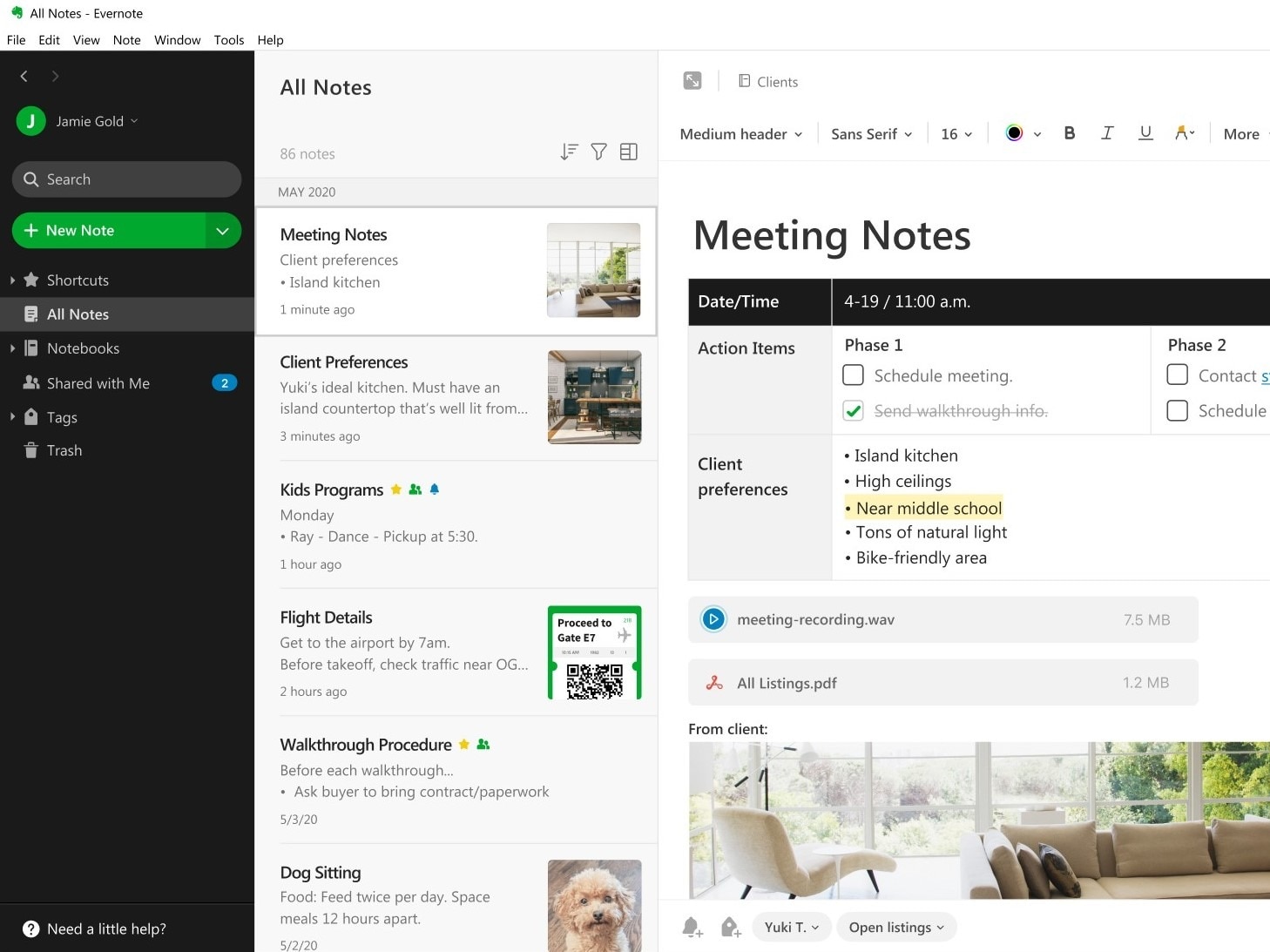 app interface for evernote