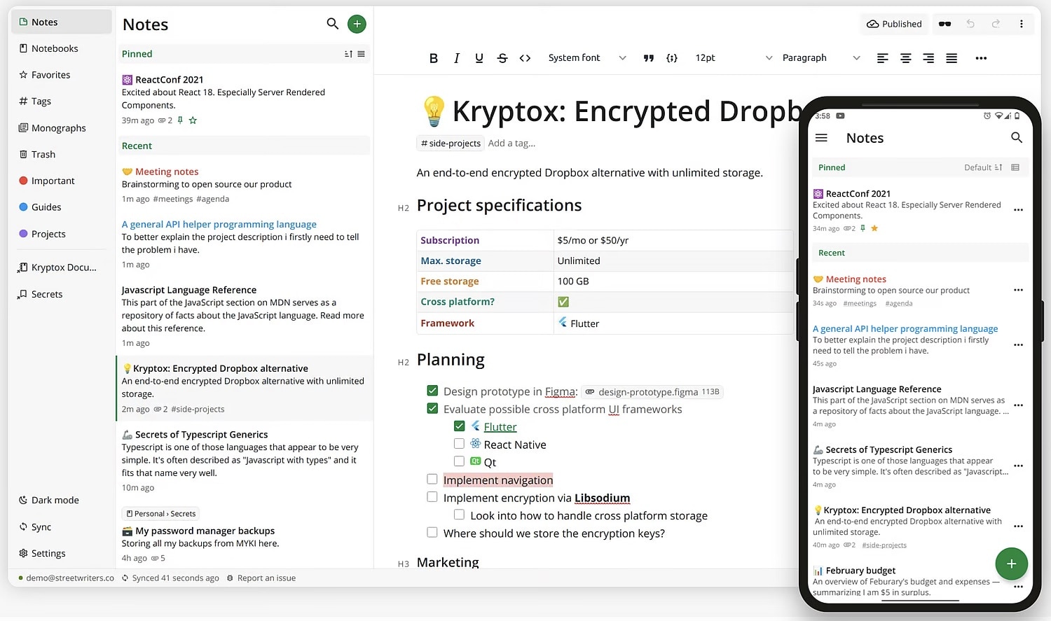 user interface of notesnook