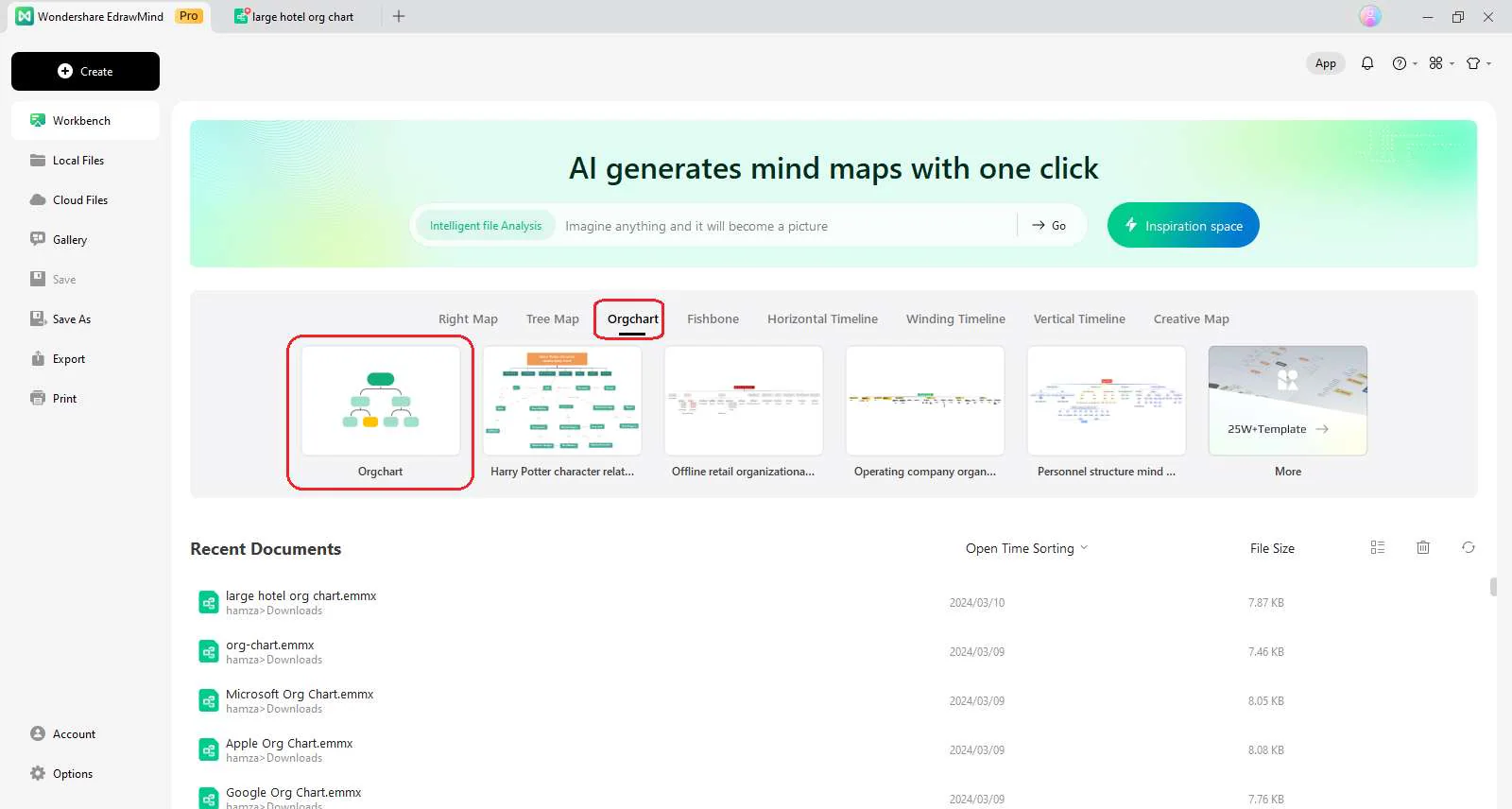 open an organization chart layout