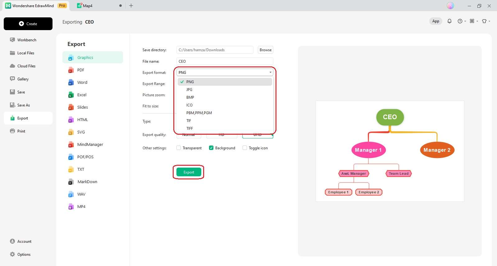 choose a format to export your chart