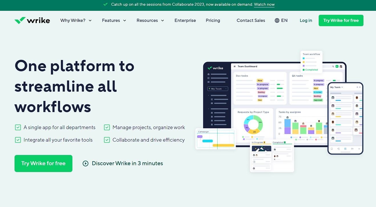 home page for Wrike project tracker
