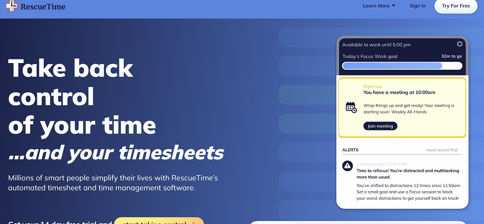 tela inicial do aplicativo de rastreamento de tempo RescueTime