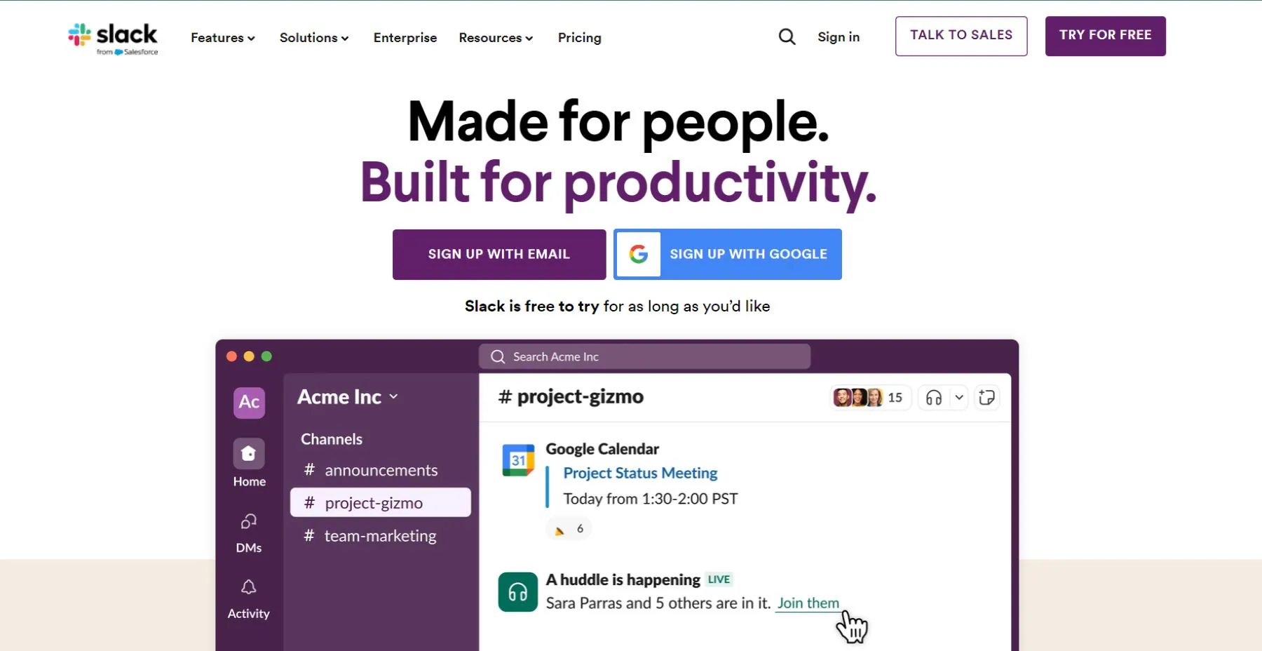 home page for slack app