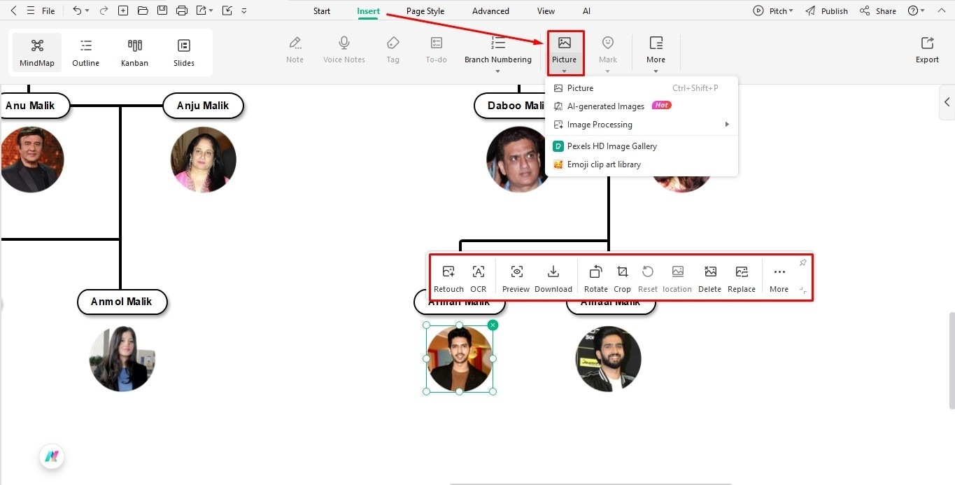 add pictures to family tree edrawmind
