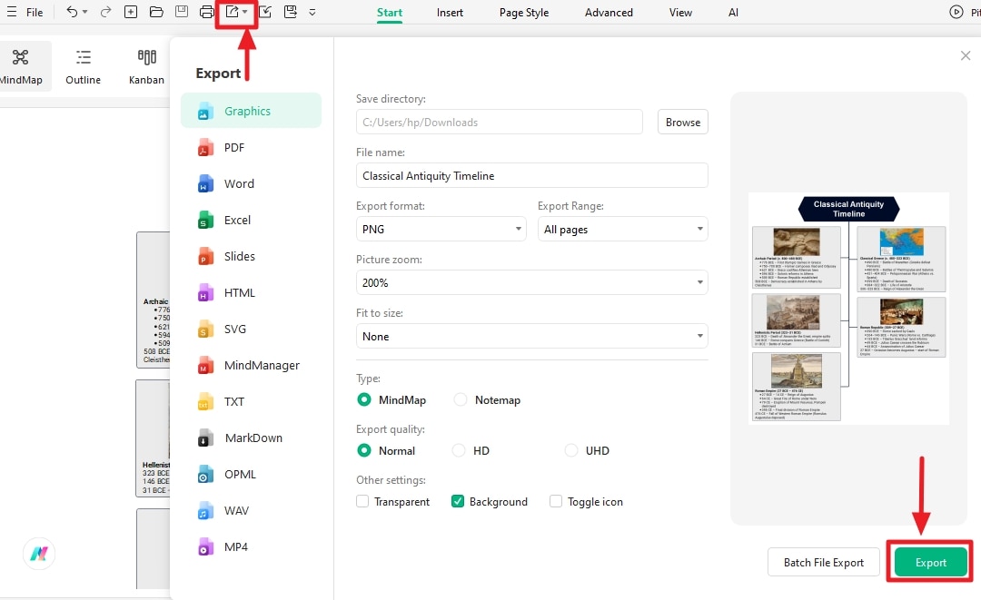 timeline-export-options