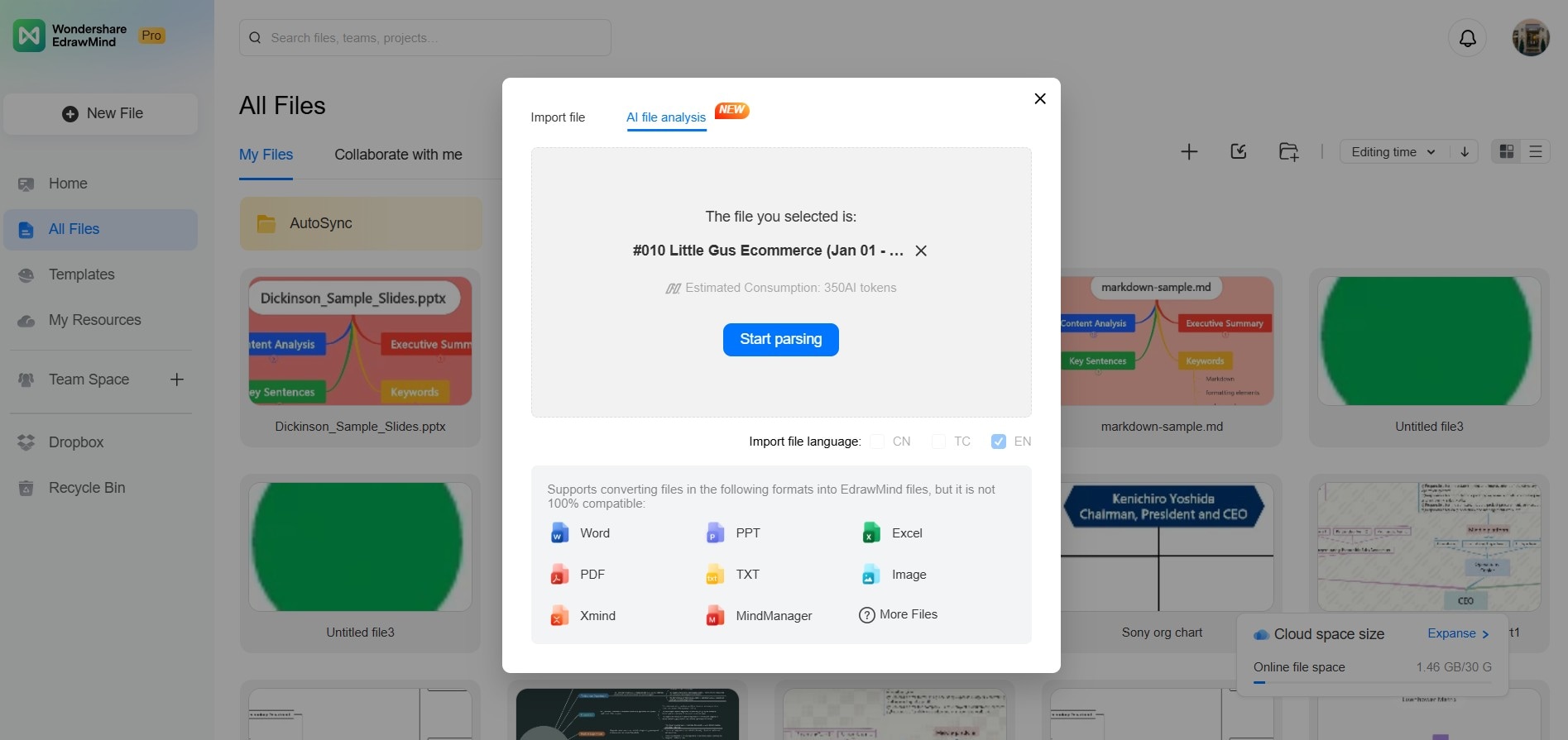 start parsing button