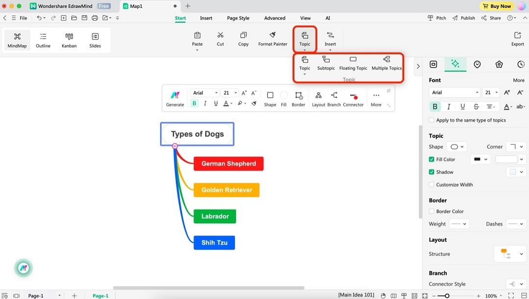 edrawmind topic and add text