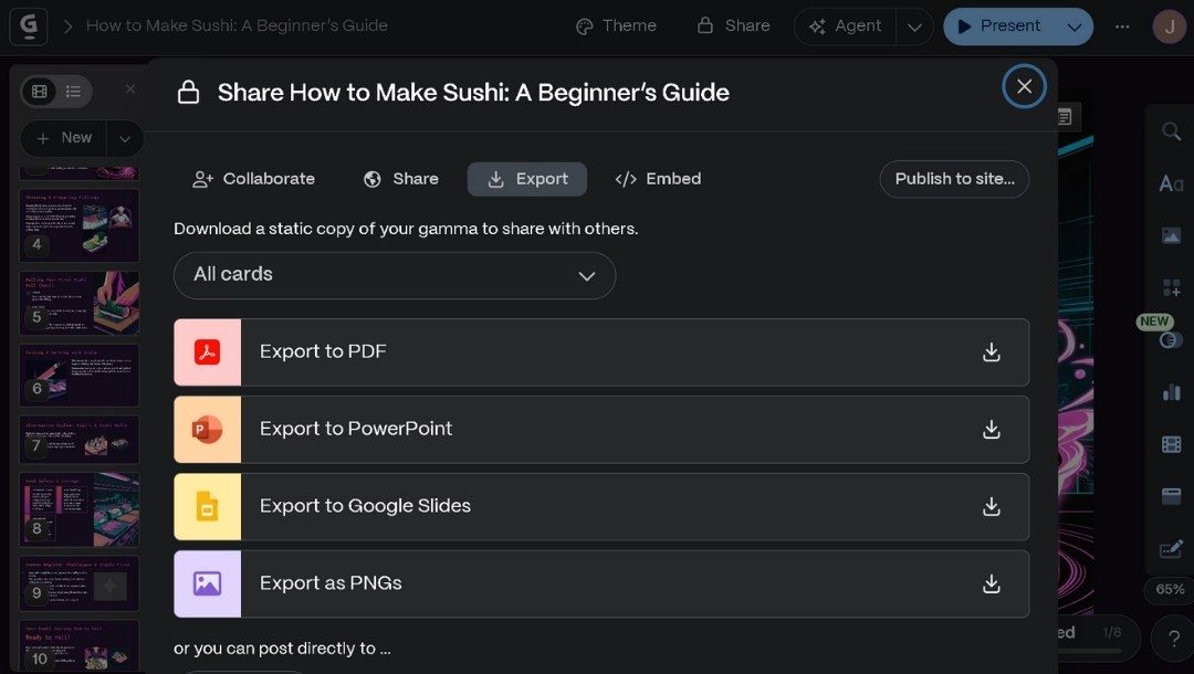 export and sharing options