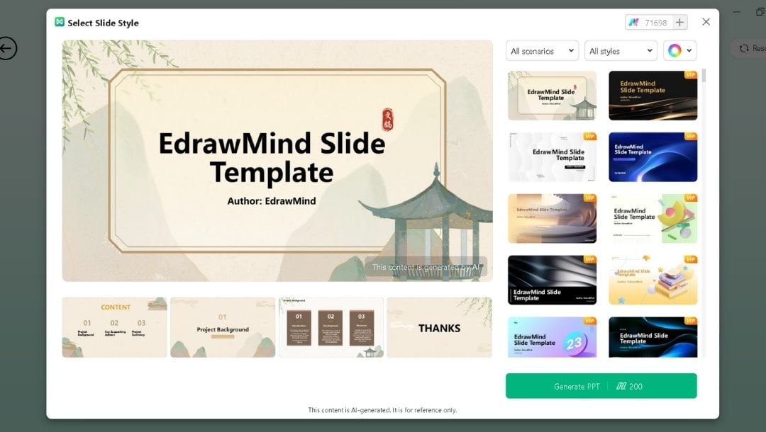 select professional or creative AI PPT style before generating slides