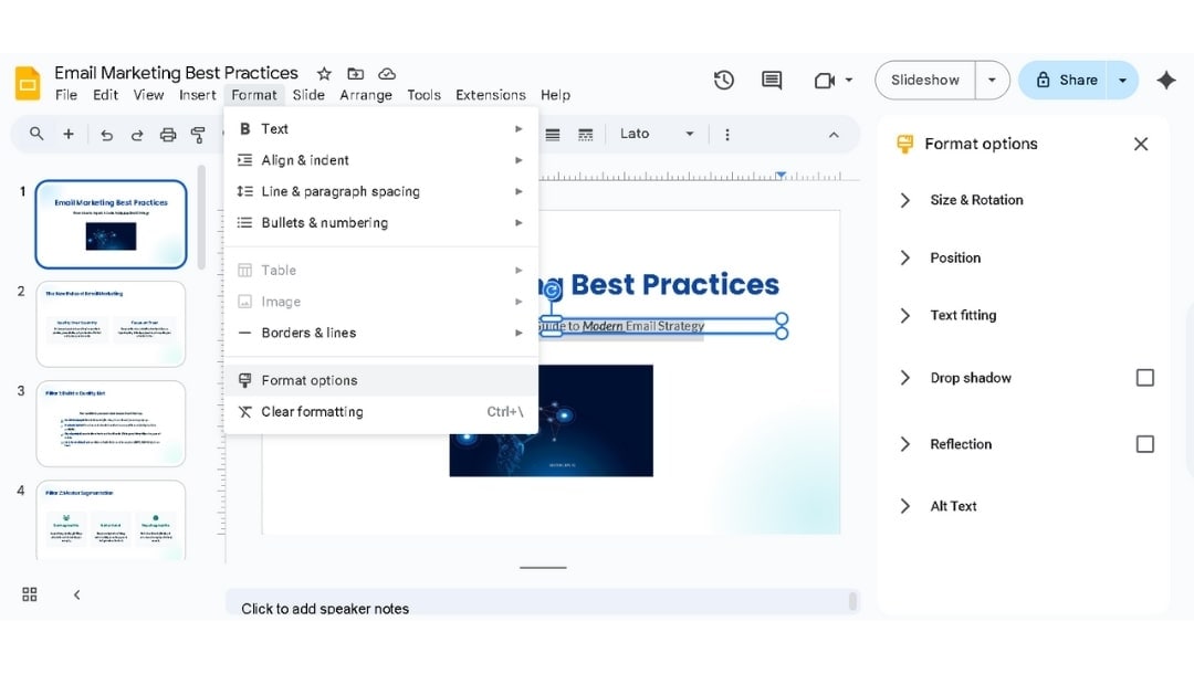 open format menu to adjust layout and spacing in Gemini slides