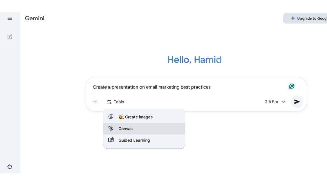 enter the presentation topic in gemini ai canvas to auto-generate slides