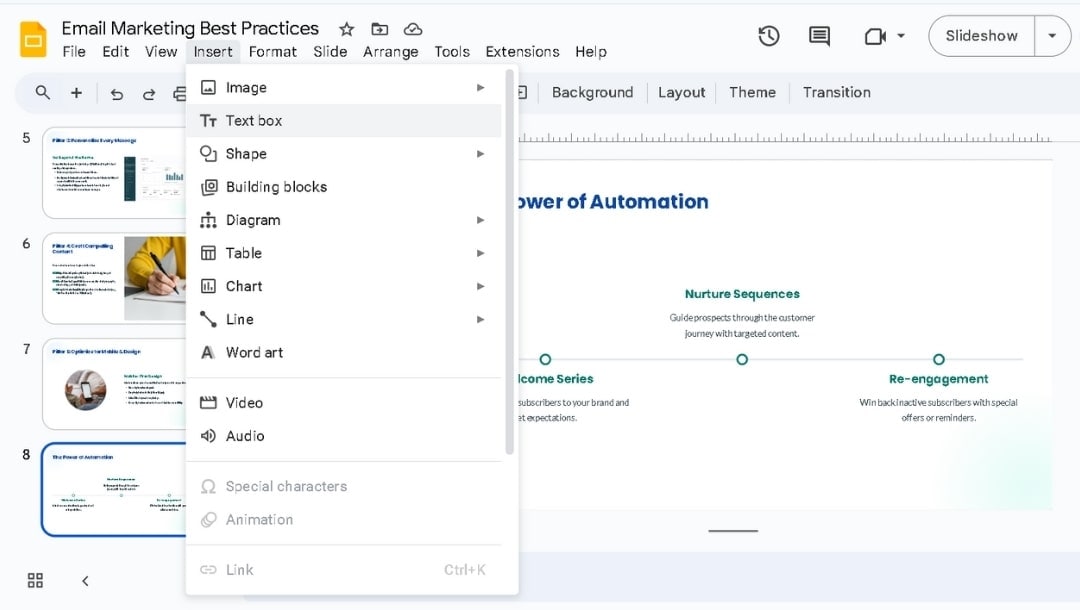 use insert menu to add pictures, charts, or videos in slides