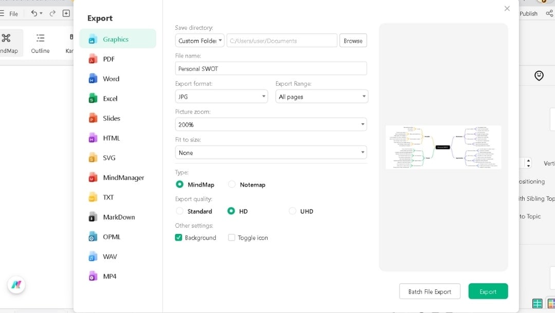export swot analysis map in pdf, png, or jpeg formats