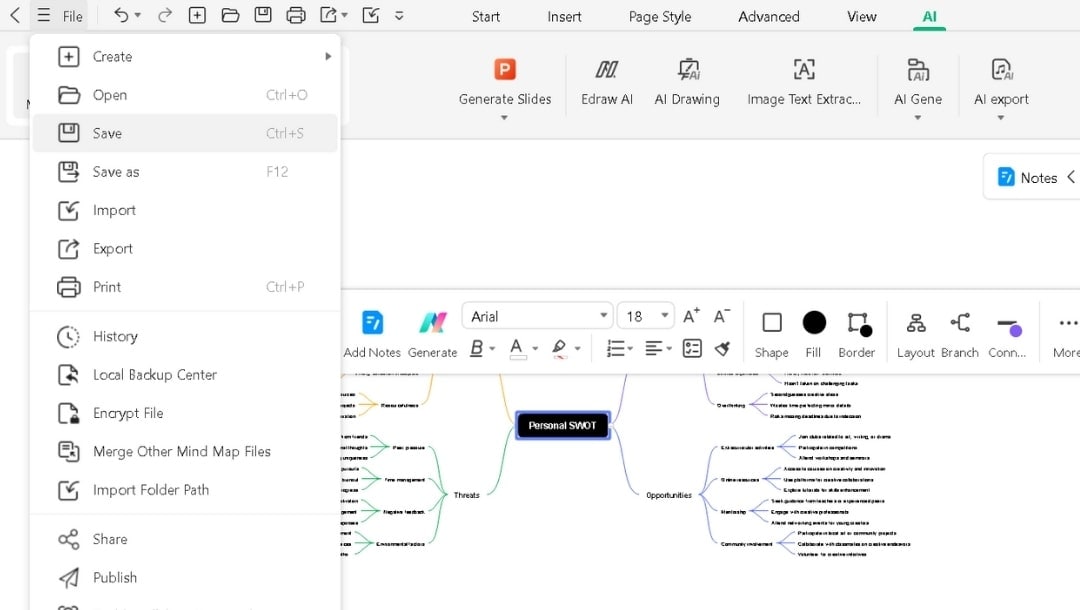 save and export swot map from edrawmind file menu