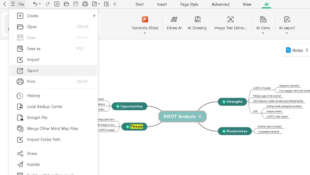 save and export customized swot template