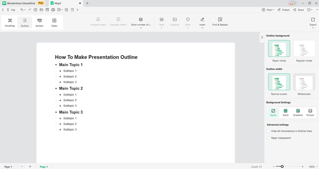switching to outline mode