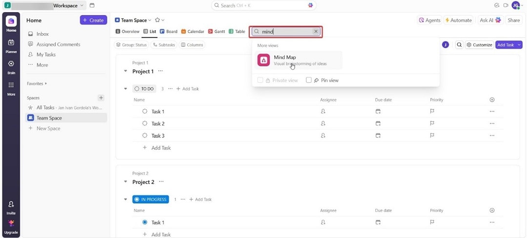 clickup mind map access