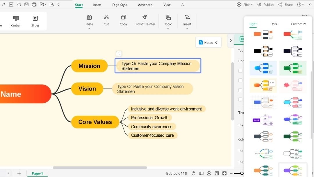 apply custom themes and color families for mission and vision branches