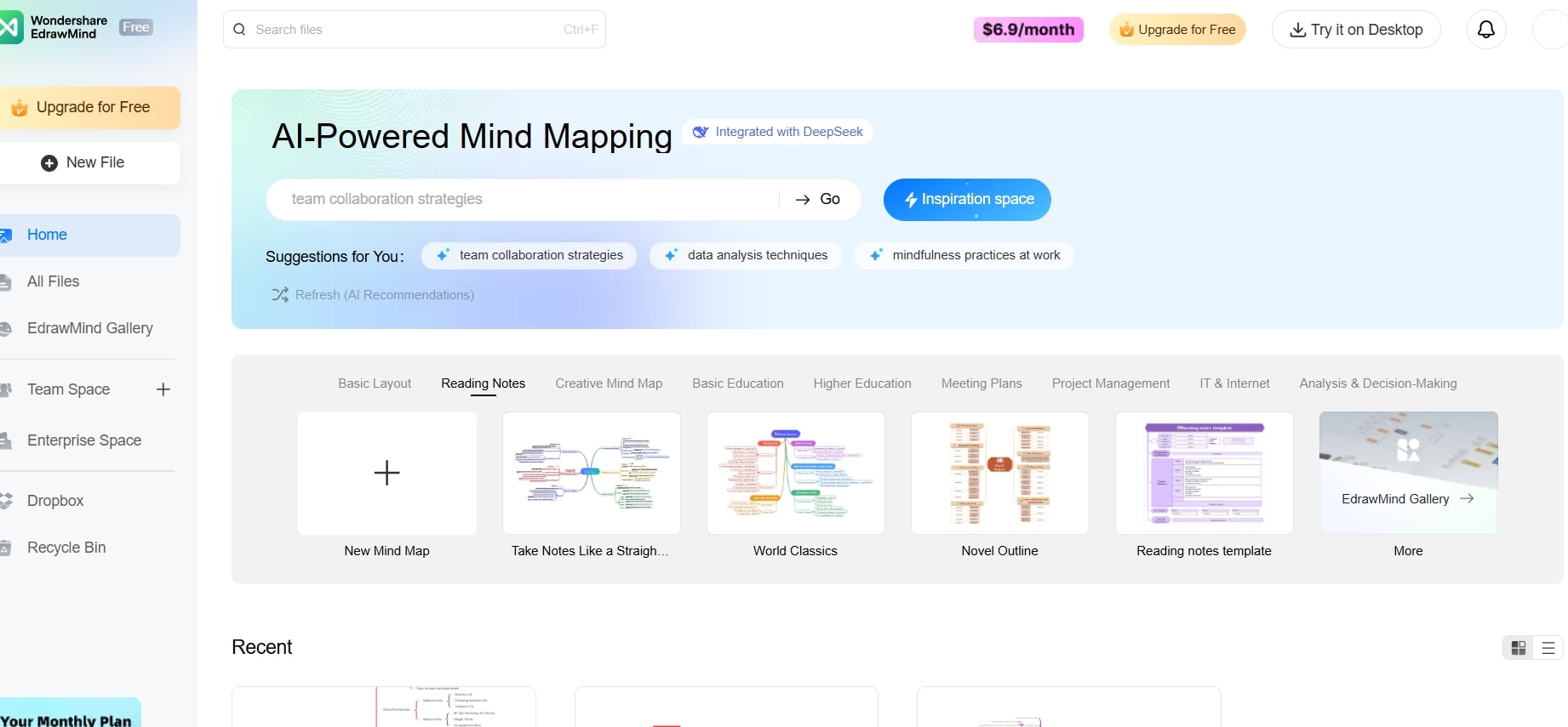 Mind map template selection screen