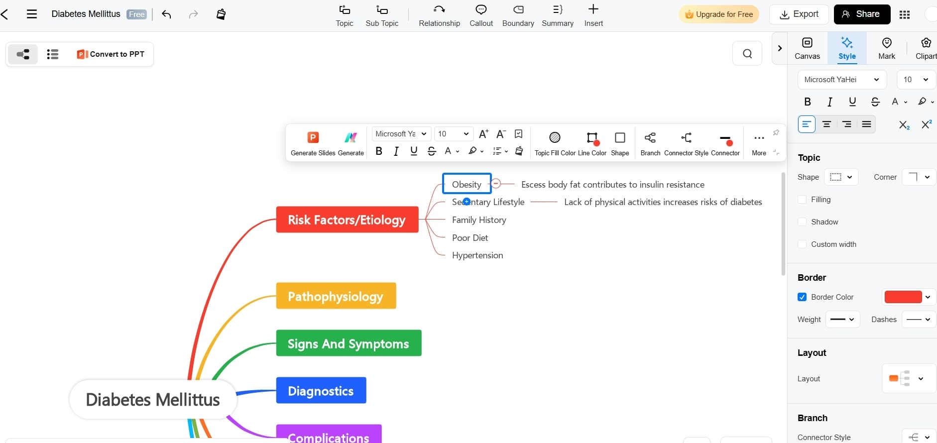 Mind map using colors, icons