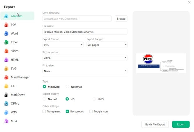 EdrawMind interface showing export tools