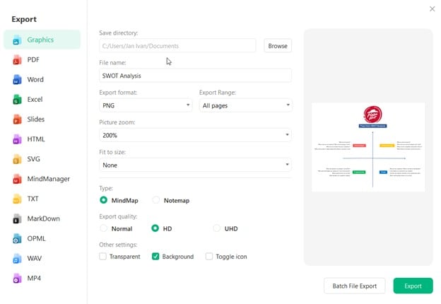 edrawmind export tools-screenshot of export options in EdrawMind
