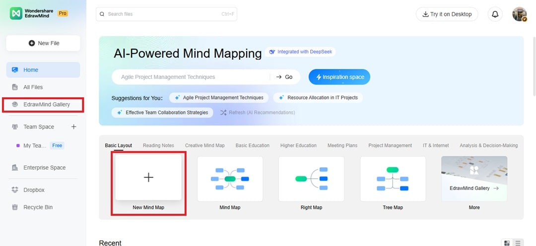 edrawmind online home dashboard