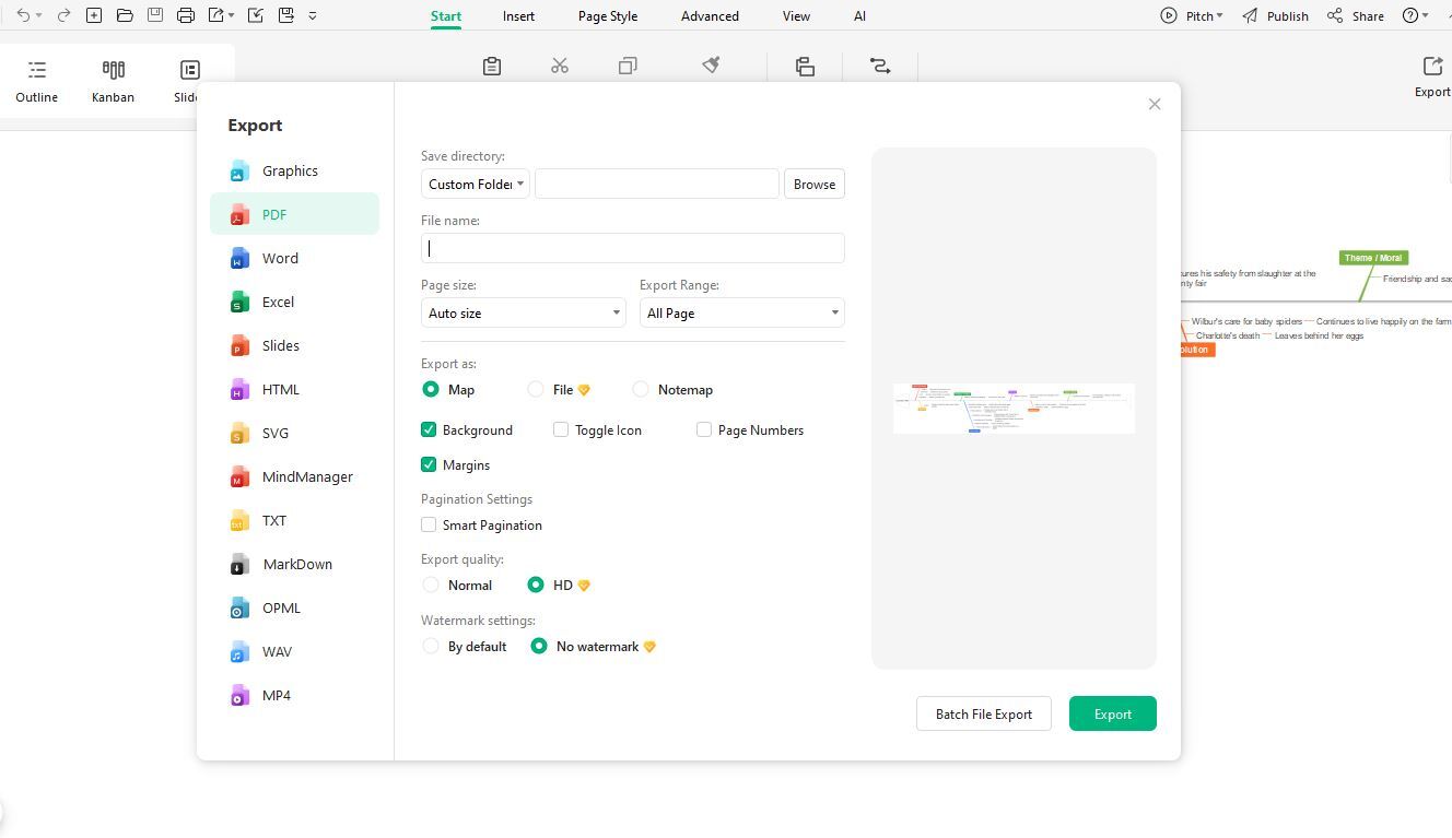 Mind map review and saving interface