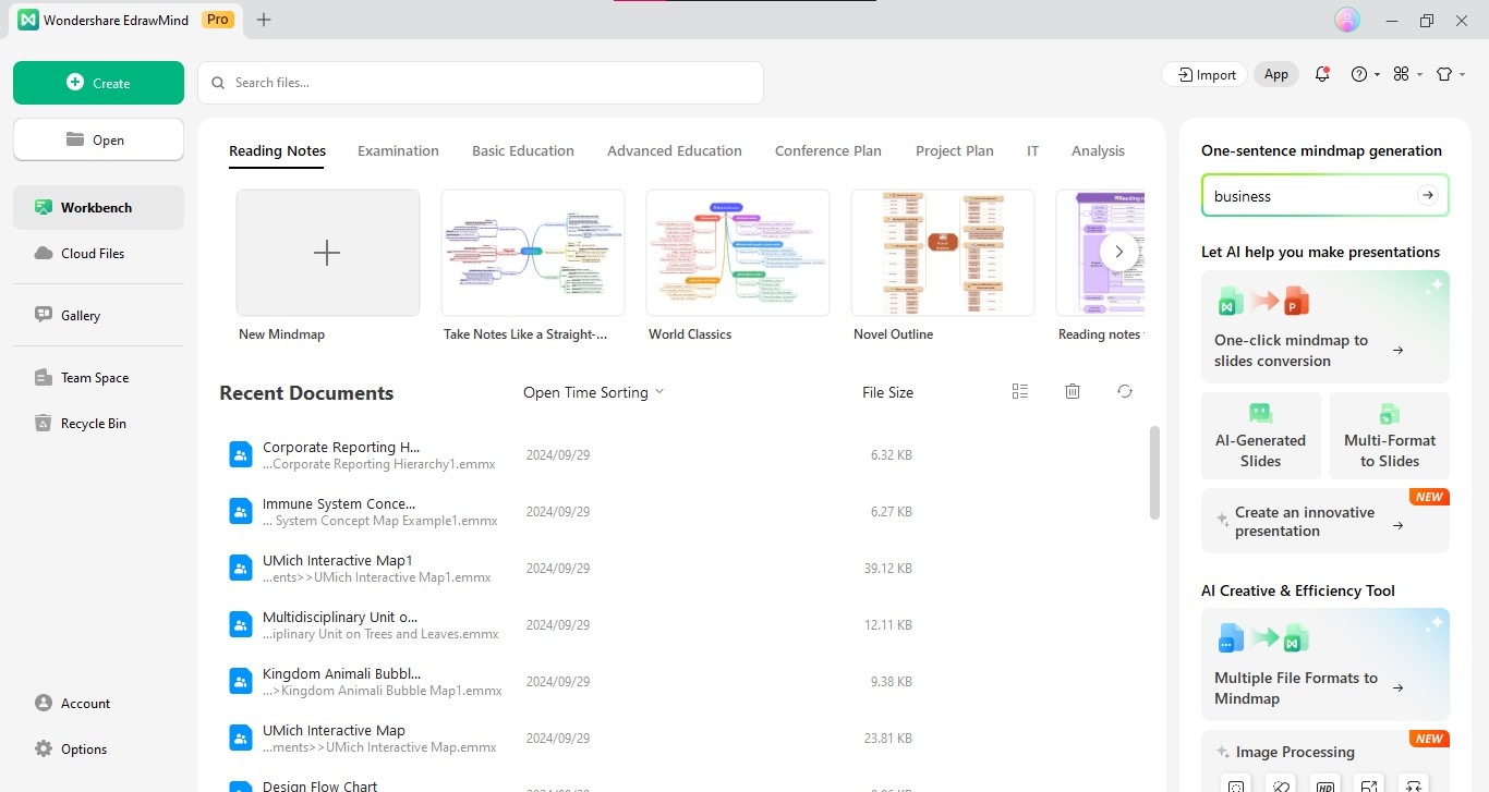 edrawmind workbench section interface