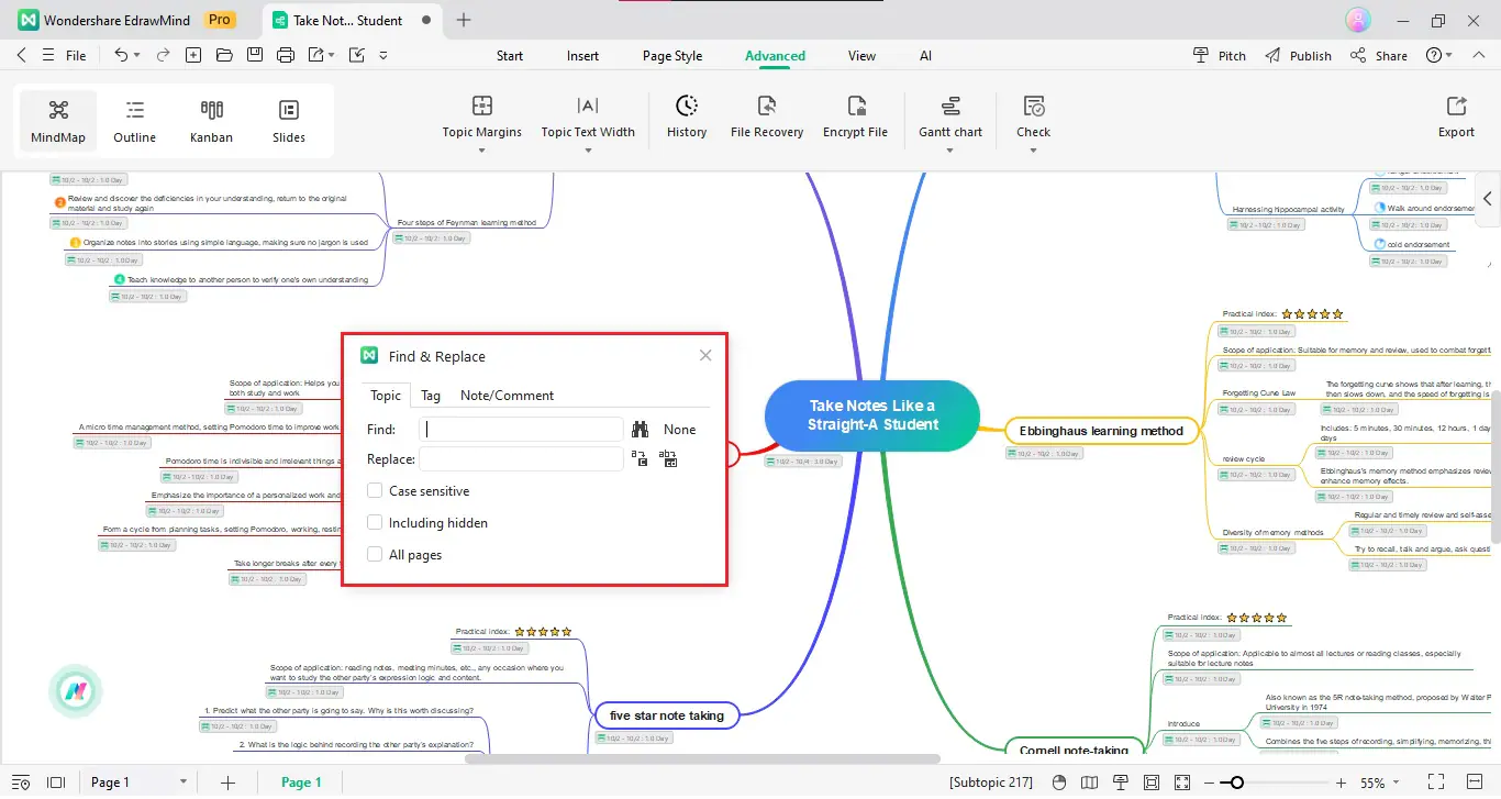 find replace mind map text